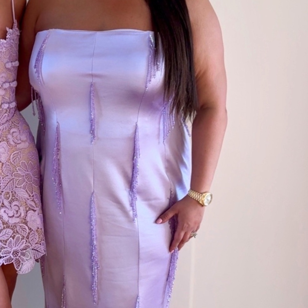 Lavender Strapless Dress with Beaded Fringe Details